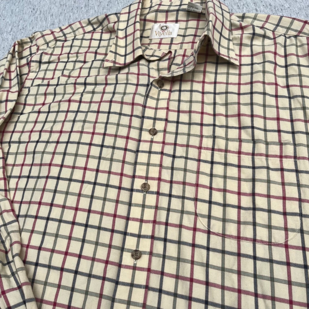 Viyella Mens XL Cotton Wool Blend Plaid Tattersall Button Down Shirt Cream 0661